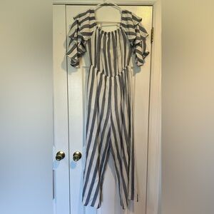 Flying Tomato Blue and White Vertical Stripe jumpsuit